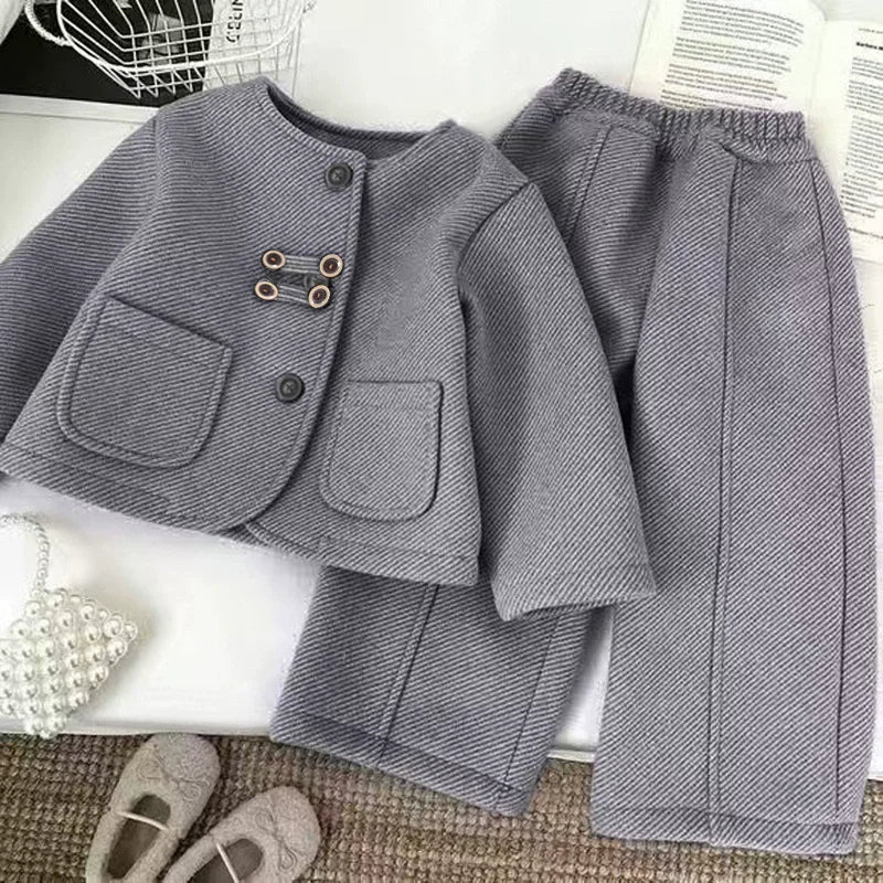 Children’s Elegant Jacket & Pants Set with Textured Fabric