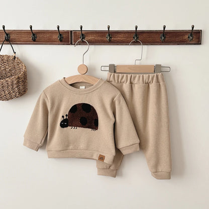Cotton Ladybug Patchwork O-neck Sweatshirt & Elastic Pants Set