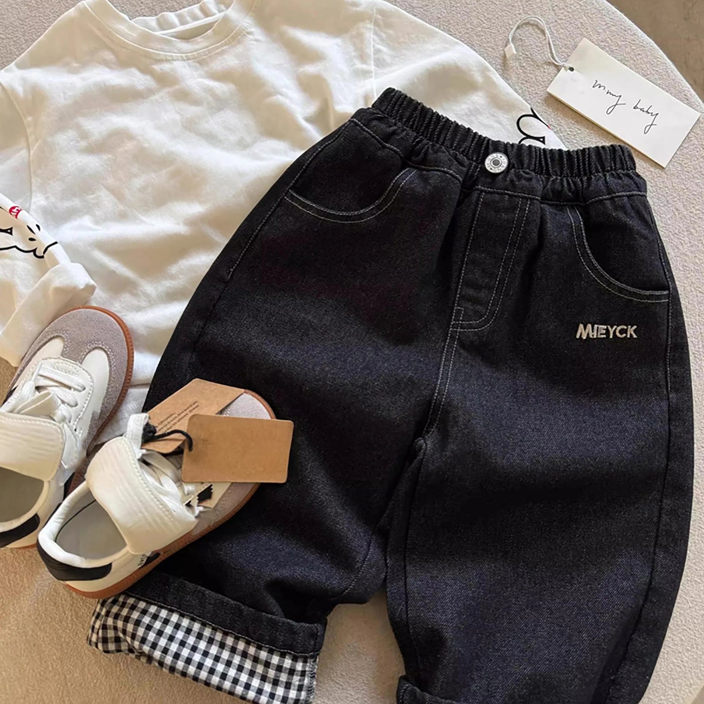 Warm Denim Jeans Pants with Elastic Waist & Embroidered Mickey Pocket