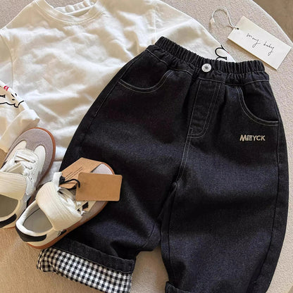 Warm Denim Jeans Pants with Elastic Waist & Embroidered Mickey Pocket