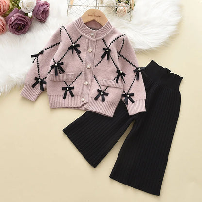 Cardigan With Black Bow Patterns And Black Pants Set