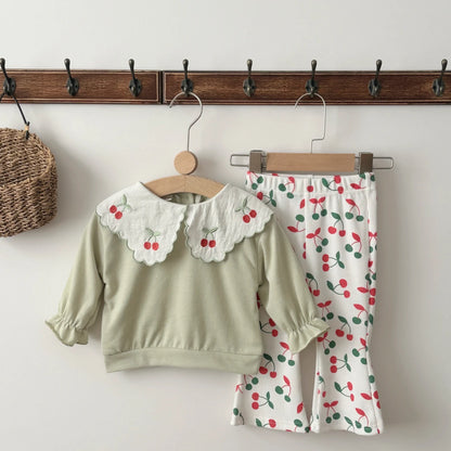 Cotton Lapel Cherry Sweatshirt & Elastic Pants Set