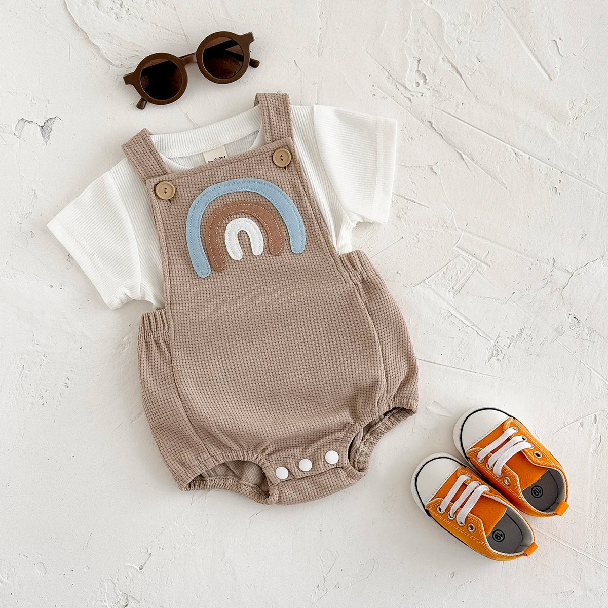 Rainbow Patchwork Overalls & T-Shirt 2-Piece Set