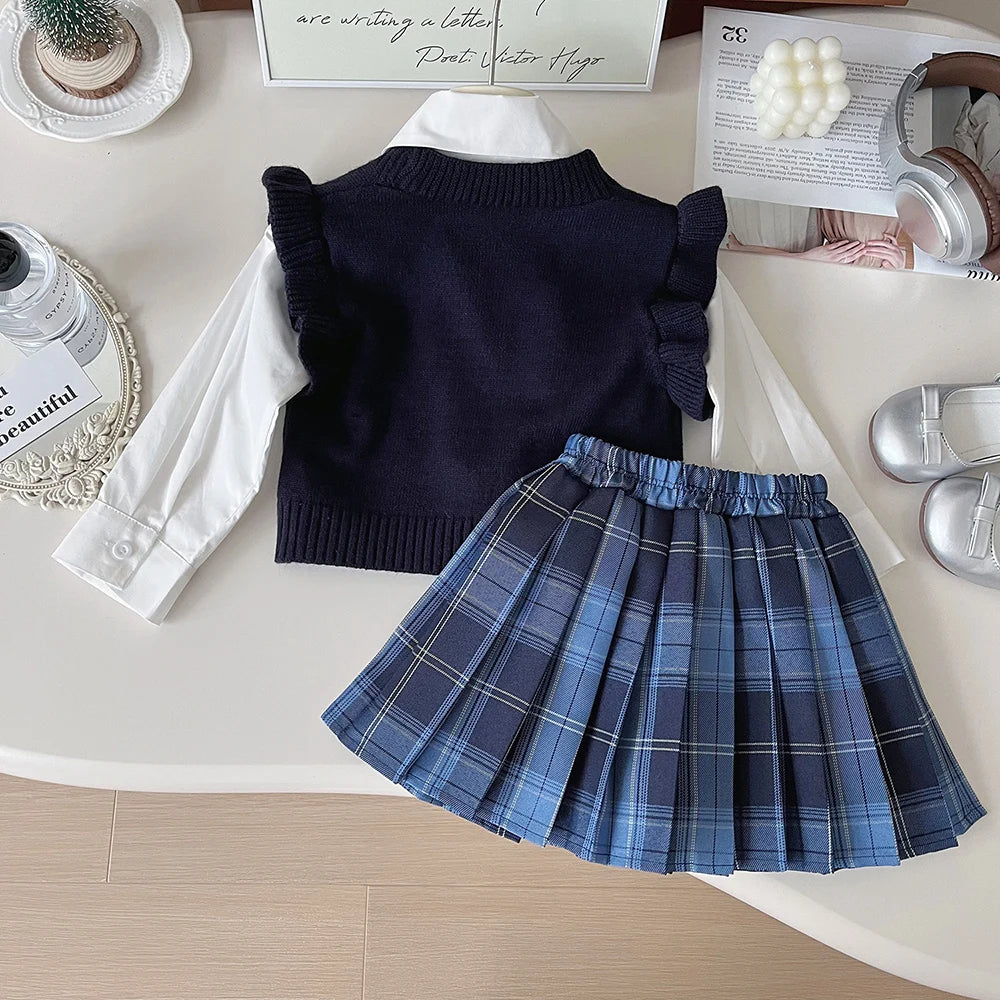 Cardigan, Shirt & Plaid Skirt Set
