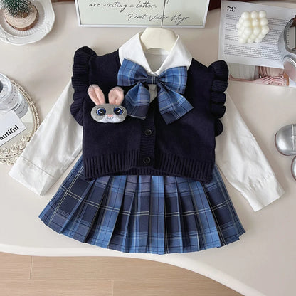 Cardigan, Shirt & Plaid Skirt Set