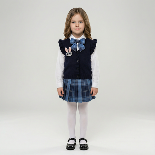 Cardigan, Shirt & Plaid Skirt Set