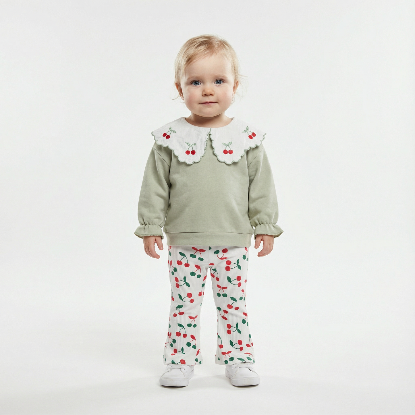 Cotton Lapel Cherry Sweatshirt & Elastic Pants Set