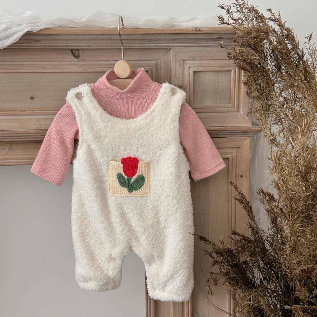 Children’s Soft Plush Romper with Long-Sleeve Top Overalls Set