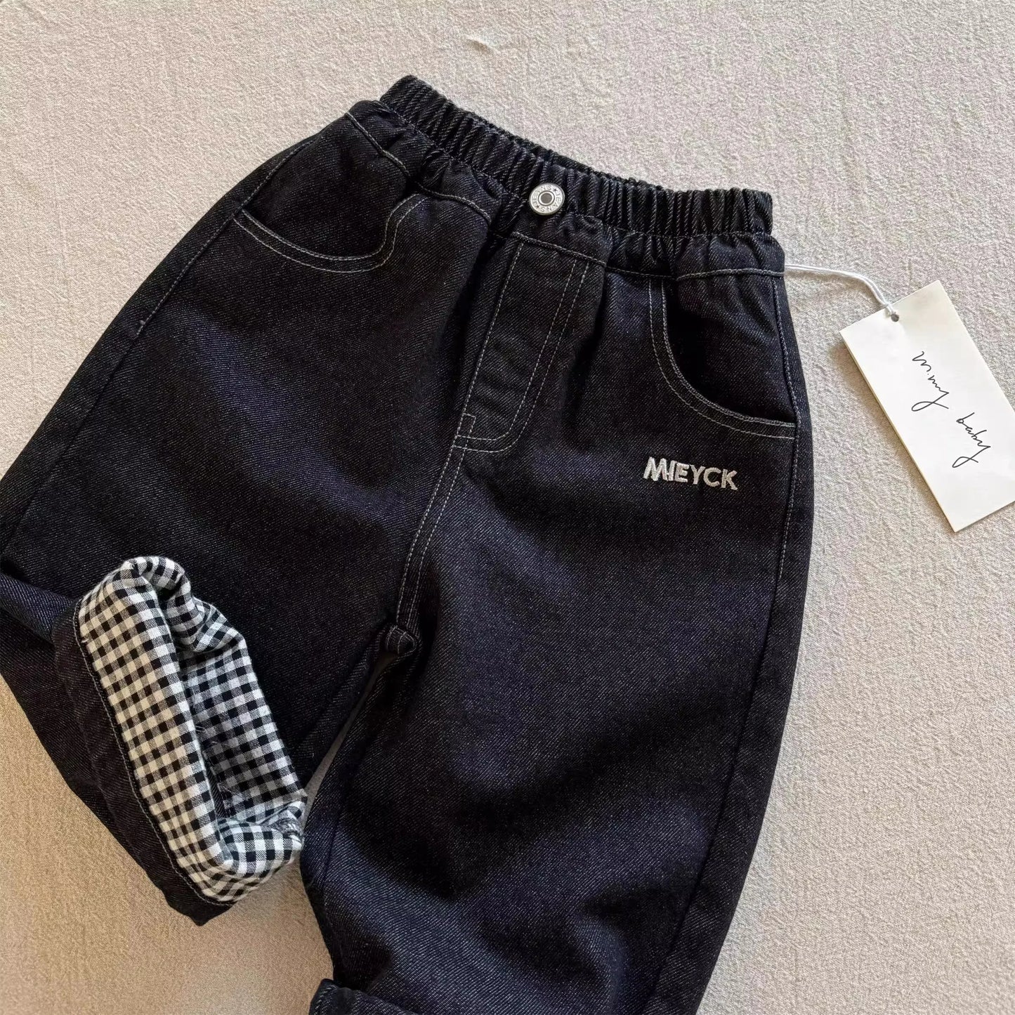 Warm Denim Jeans Pants with Elastic Waist & Embroidered Mickey Pocket