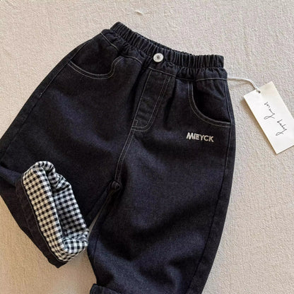 Warm Denim Jeans Pants with Elastic Waist & Embroidered Mickey Pocket