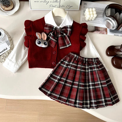 Cardigan, Shirt & Plaid Skirt Set