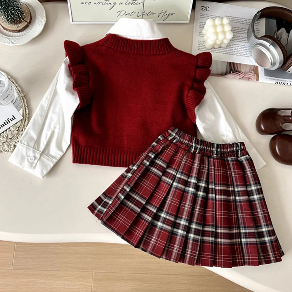 Cardigan, Shirt & Plaid Skirt Set