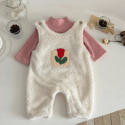 Children’s Soft Plush Romper with Long-Sleeve Top Overalls Set
