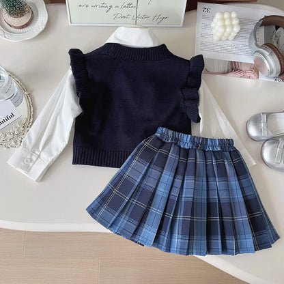 Cardigan, Shirt & Plaid Skirt Set