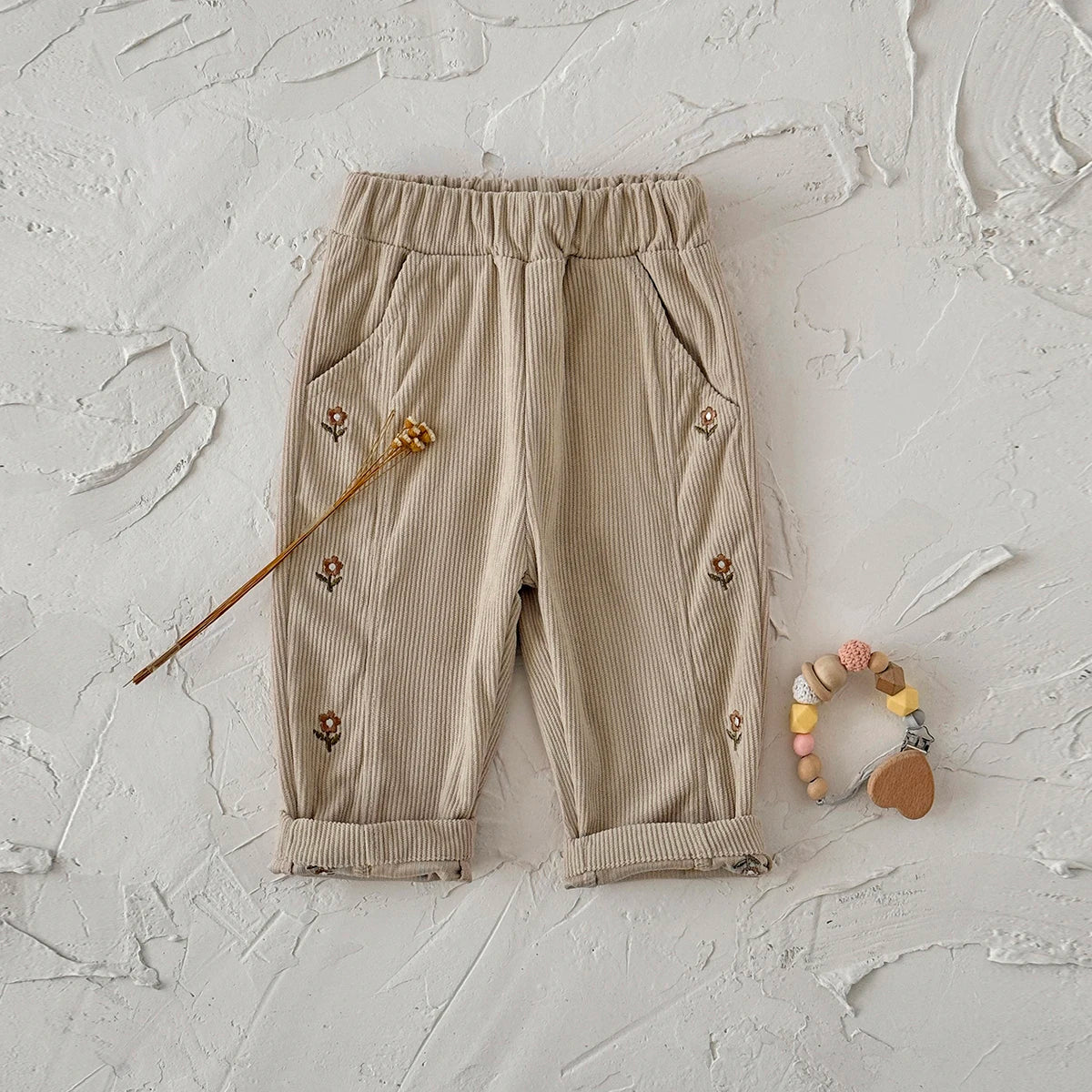 Loose Floral Embroidered Corduroy Pants