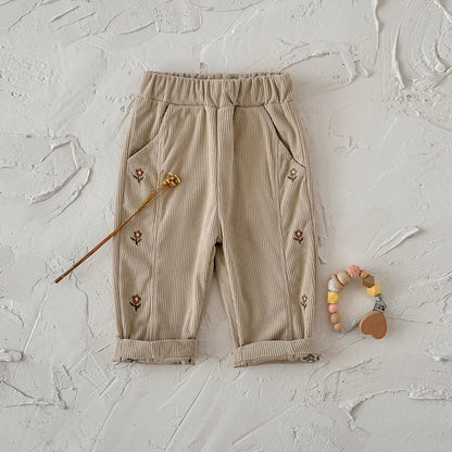 Loose Floral Embroidered Corduroy Pants