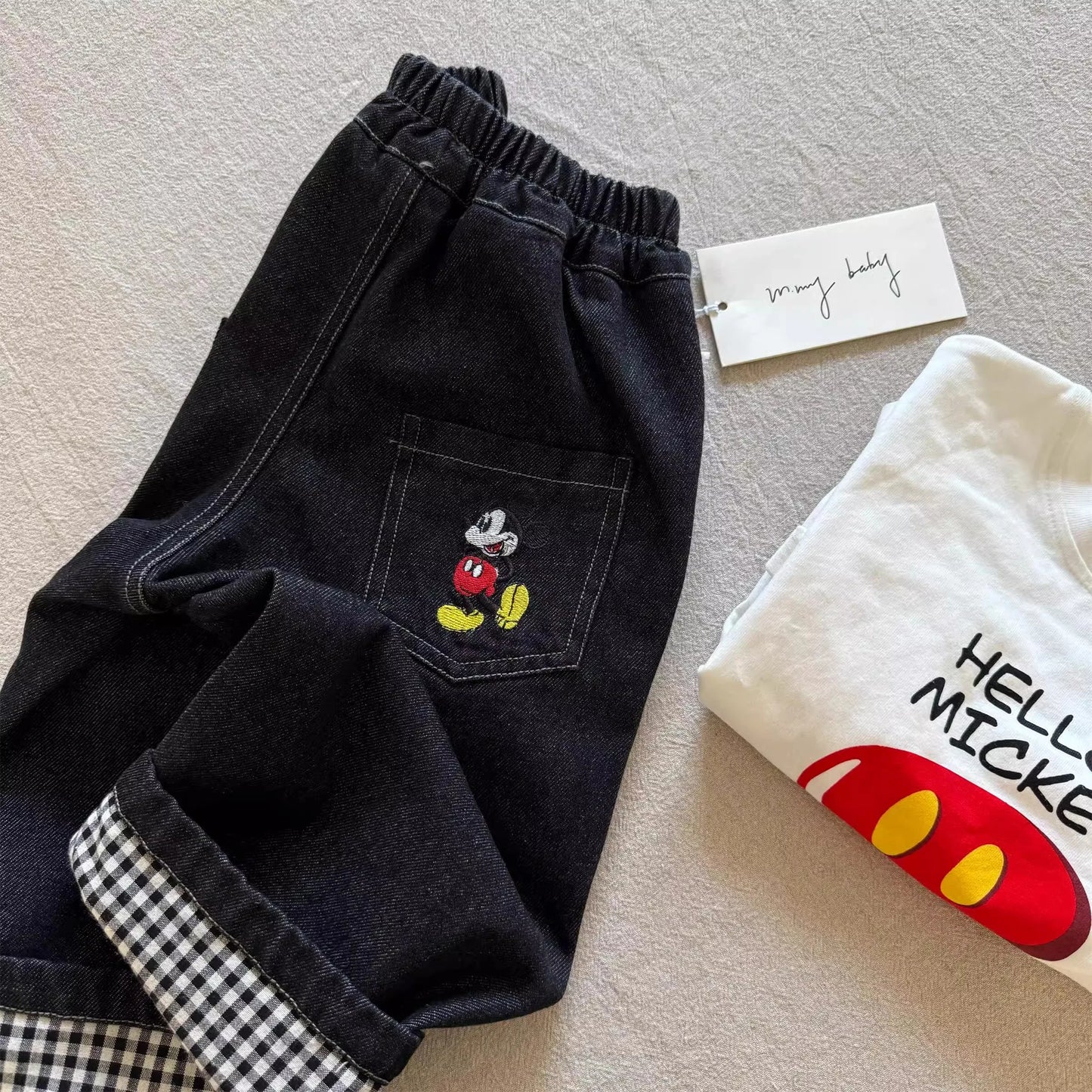 Warm Denim Jeans Pants with Elastic Waist & Embroidered Mickey Pocket