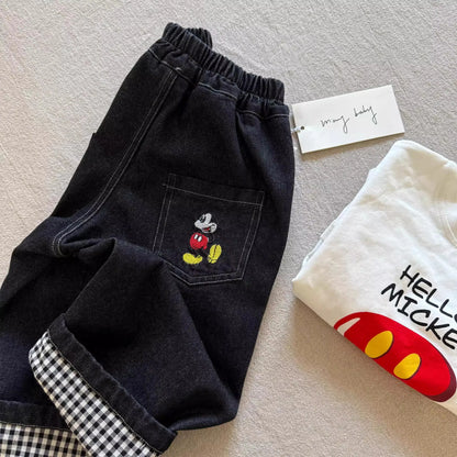 Warm Denim Jeans Pants with Elastic Waist & Embroidered Mickey Pocket