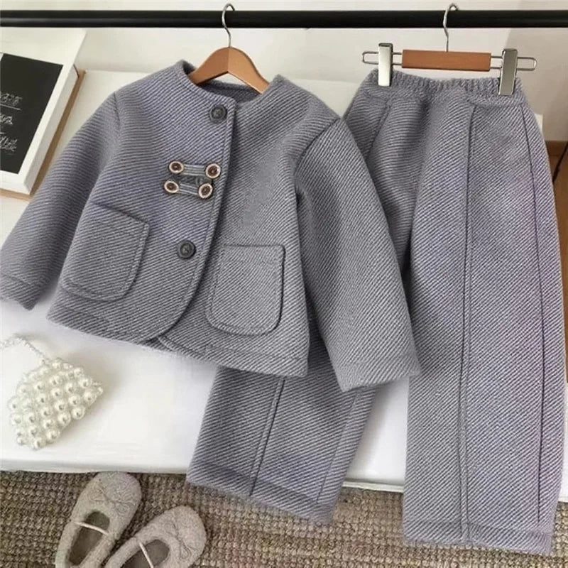 Children’s Elegant Jacket & Pants Set with Textured Fabric
