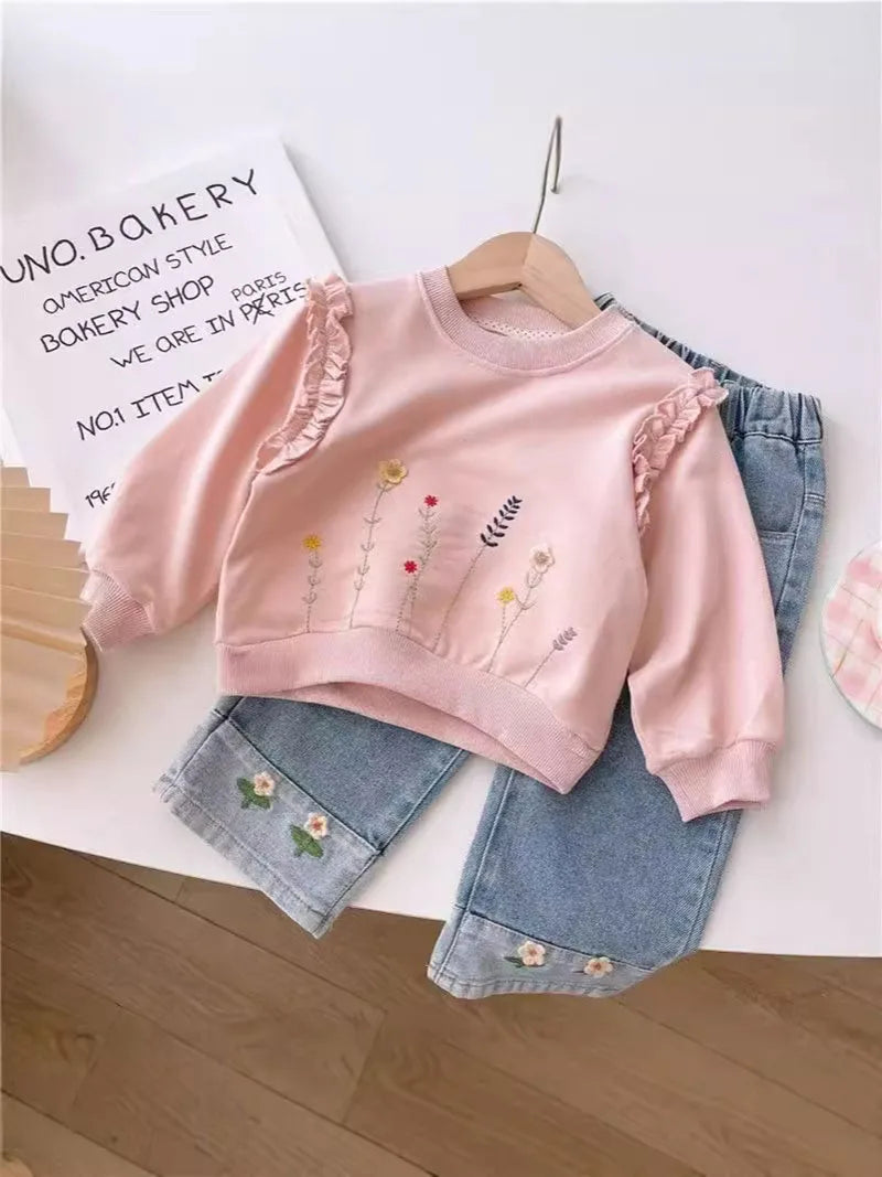 Cute Embroidered Flowers Wide Leg Jeans Pants