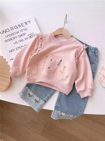 Cute Embroidered Flowers Wide Leg Jeans Pants