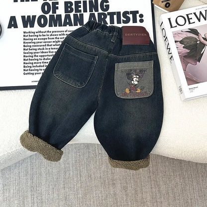 Warm Lined Denim Jeans Pants with Elastic Waist & Mickey Pocket