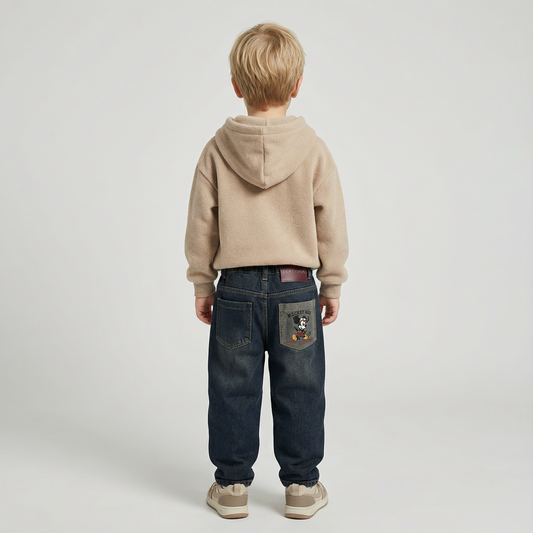 Warm Lined Denim Jeans Pants with Elastic Waist & Mickey Pocket