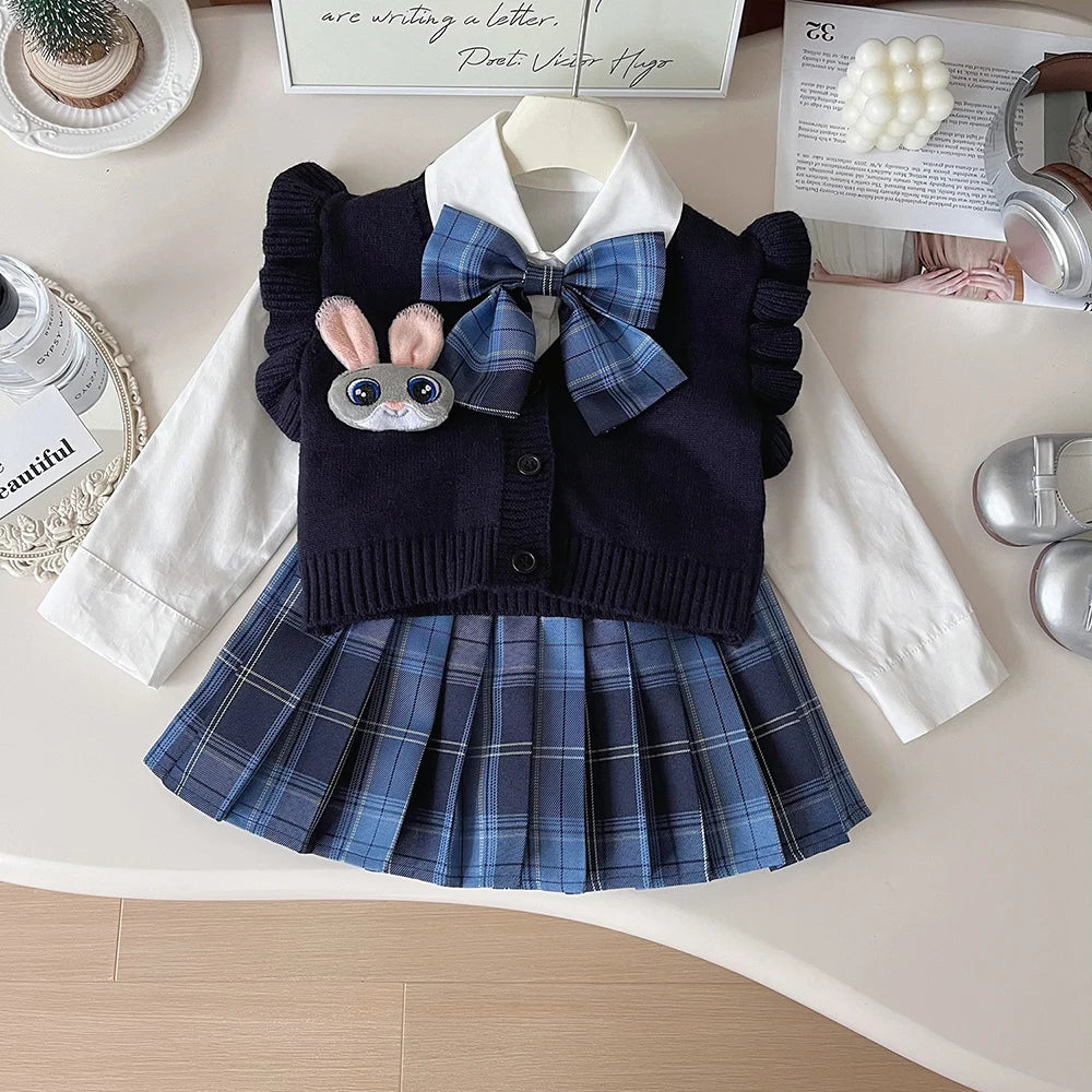 Cardigan, Shirt & Plaid Skirt Set