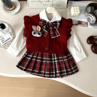 Cardigan, Shirt & Plaid Skirt Set