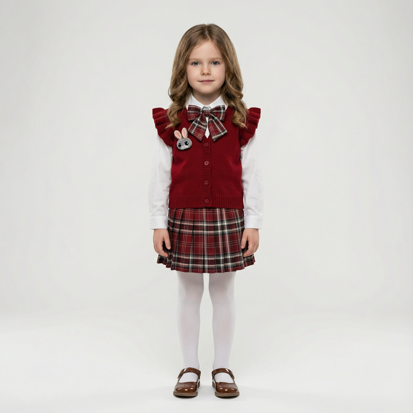 Cardigan, Shirt & Plaid Skirt Set