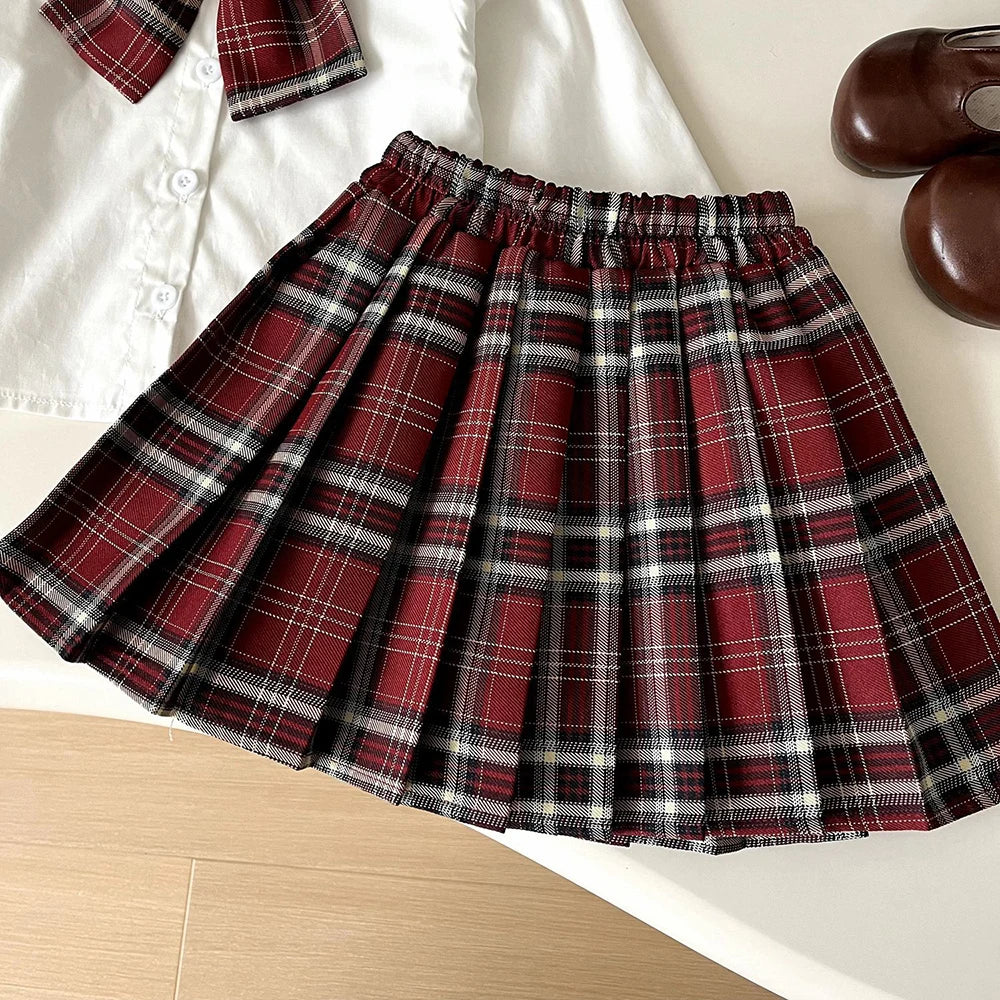Cardigan, Shirt & Plaid Skirt Set