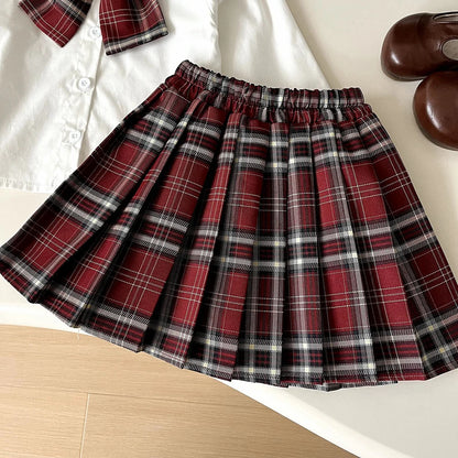 Cardigan, Shirt & Plaid Skirt Set