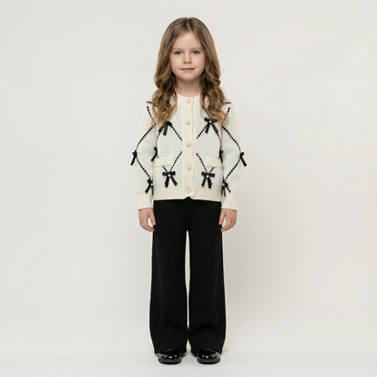 Cardigan With Black Bow Patterns And Black Pants Set