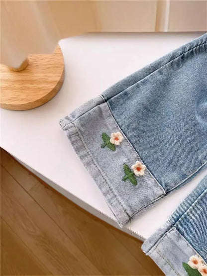 Cute Embroidered Flowers Wide Leg Jeans Pants