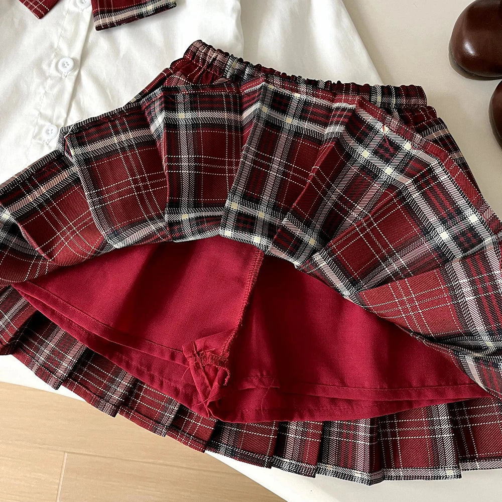Cardigan, Shirt & Plaid Skirt Set