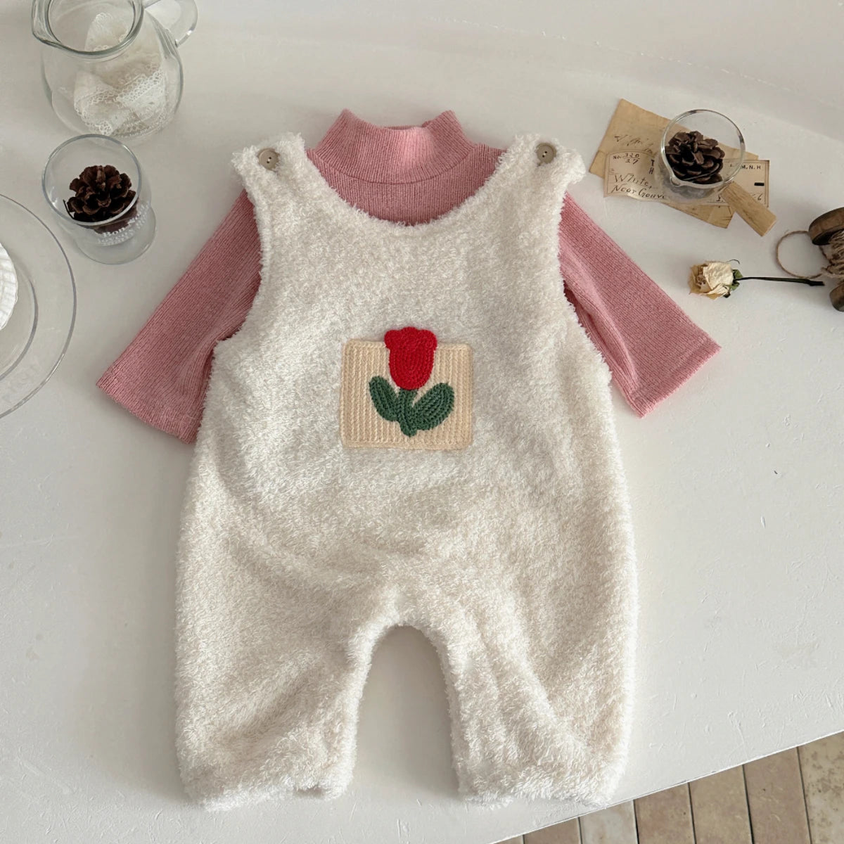 Children’s Soft Plush Romper with Long-Sleeve Top Overalls Set