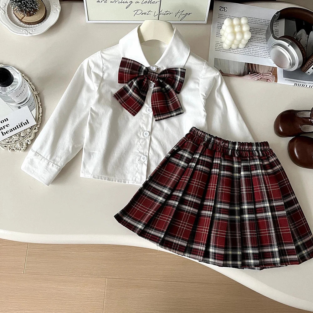 Cardigan, Shirt & Plaid Skirt Set