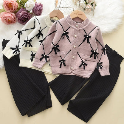 Cardigan With Black Bow Patterns And Black Pants Set