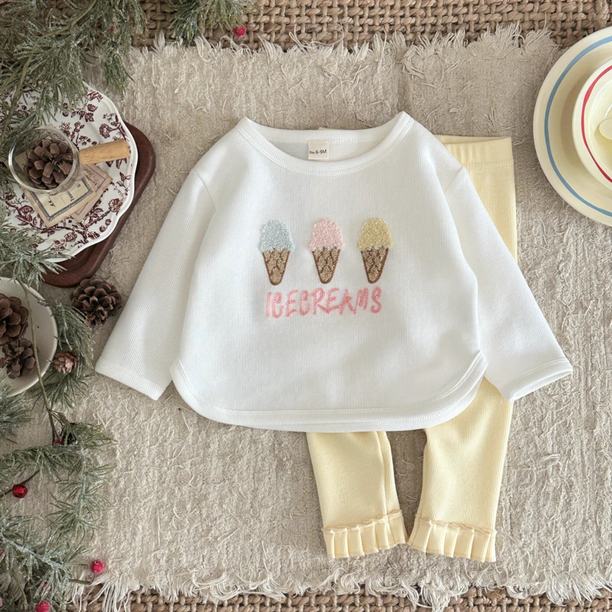 Ice Cream Patchwork Sweatshirt & Solid Pants Set