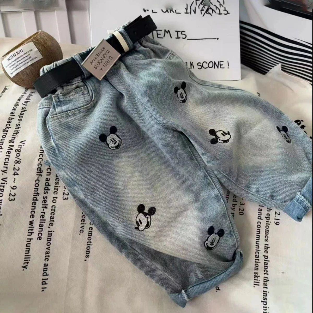 Light Wash Denim Jeans Pants with All-Over Embroidery