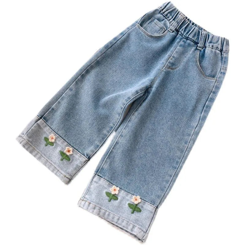 Cute Embroidered Flowers Wide Leg Jeans Pants