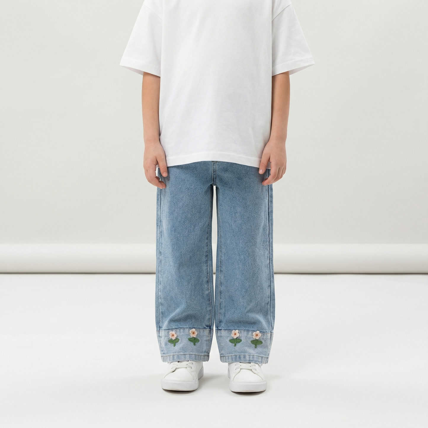 Cute Embroidered Flowers Wide Leg Jeans Pants