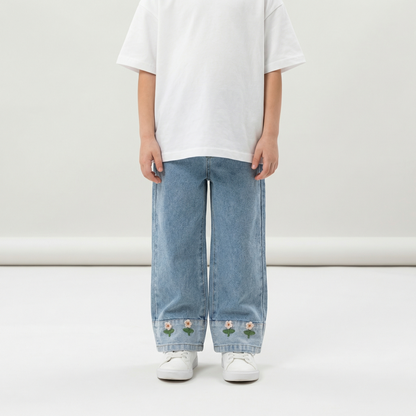 Cute Embroidered Flowers Wide Leg Jeans Pants