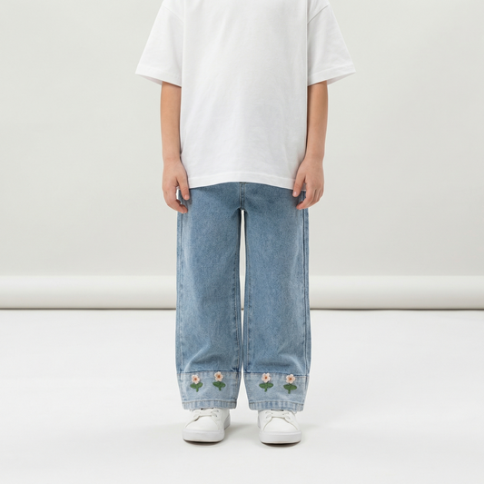 Cute Embroidered Flowers Wide Leg Jeans Pants