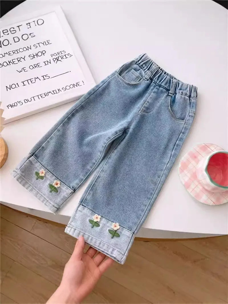 Cute Embroidered Flowers Wide Leg Jeans Pants
