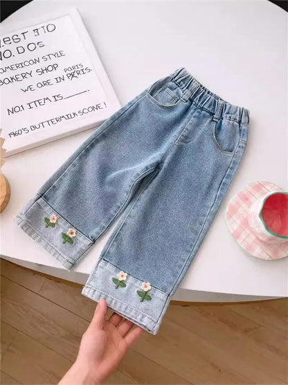 Cute Embroidered Flowers Wide Leg Jeans Pants
