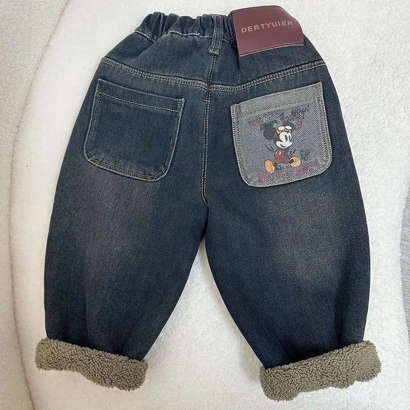 Warm Lined Denim Jeans Pants with Elastic Waist & Mickey Pocket