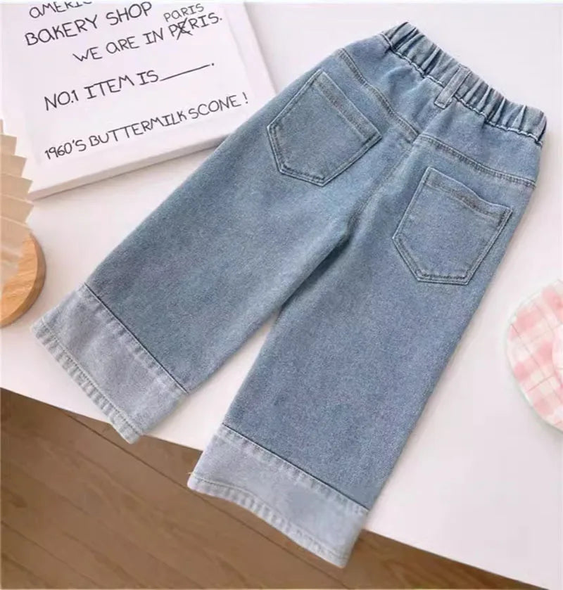 Cute Embroidered Flowers Wide Leg Jeans Pants