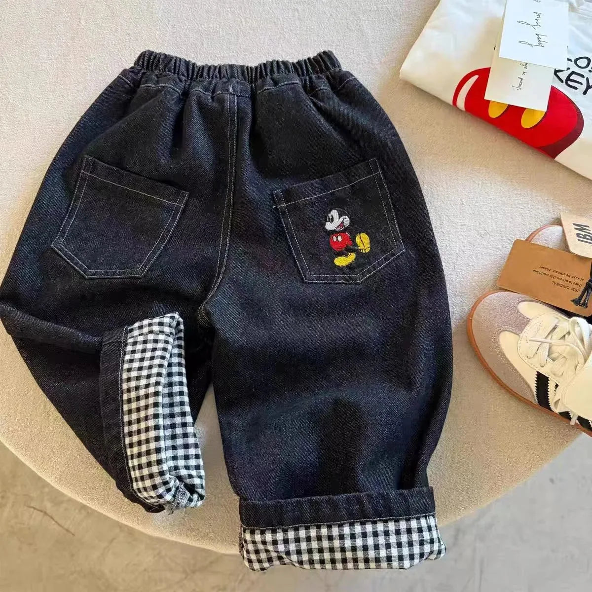 Warm Denim Jeans Pants with Elastic Waist & Embroidered Mickey Pocket