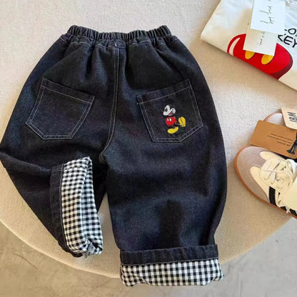Warm Denim Jeans Pants with Elastic Waist & Embroidered Mickey Pocket
